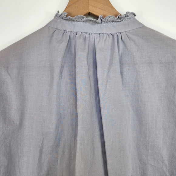 Ehka Sopo Ruffled Eyelet Neck Cotton Button Down Semi-Sheer Shirt Blue Small - Picture 7 of 10